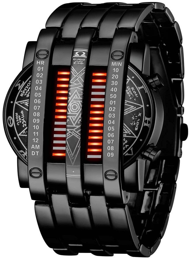 FANMIS Creative Mens Binary Matrix Blue LED Digital Watch Fashion Classic Black Plated Waterproof LED Backlight Bracelet Watches (X Black Red) - Image 1